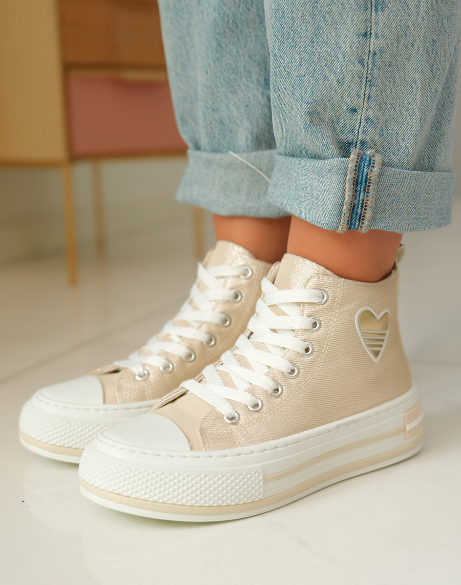 Baskets Montantes Dorées à Paillettes avec Cœur