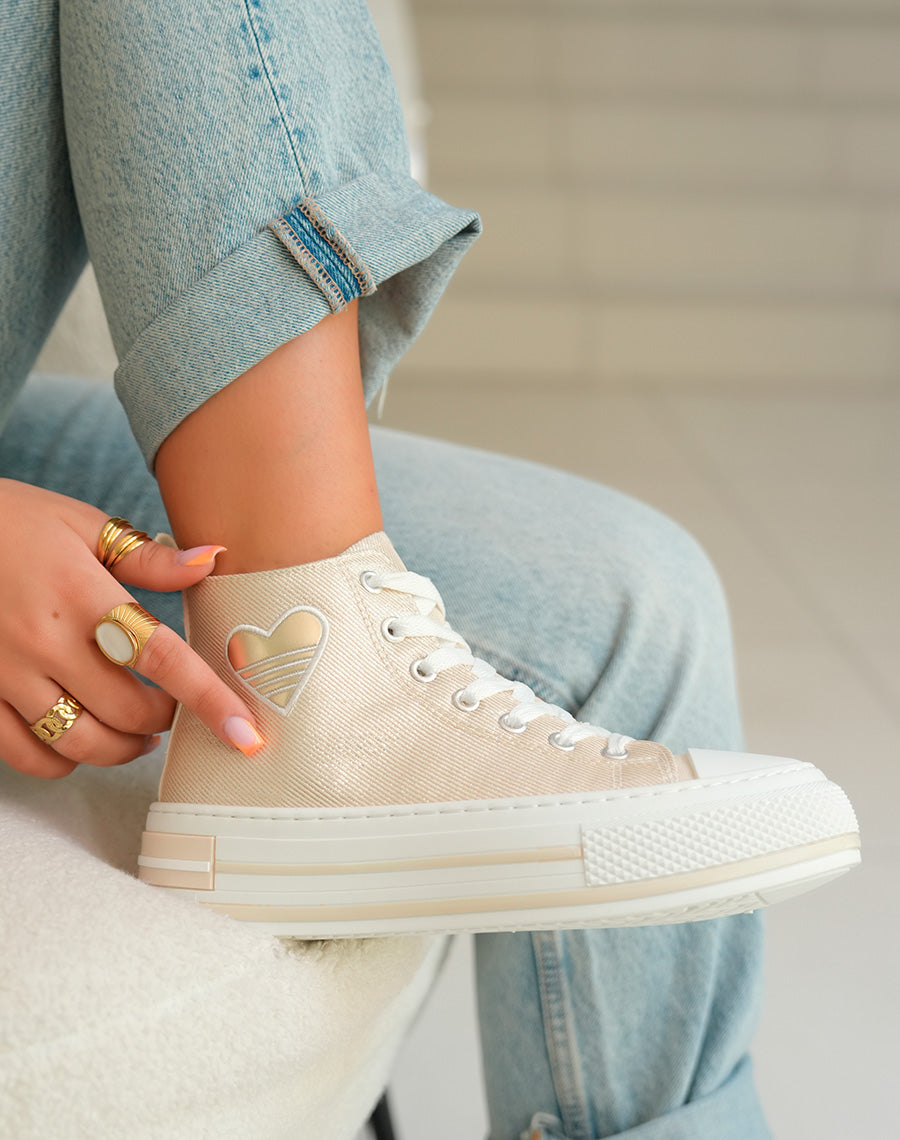 Baskets Montantes Dorées à Paillettes avec Cœur