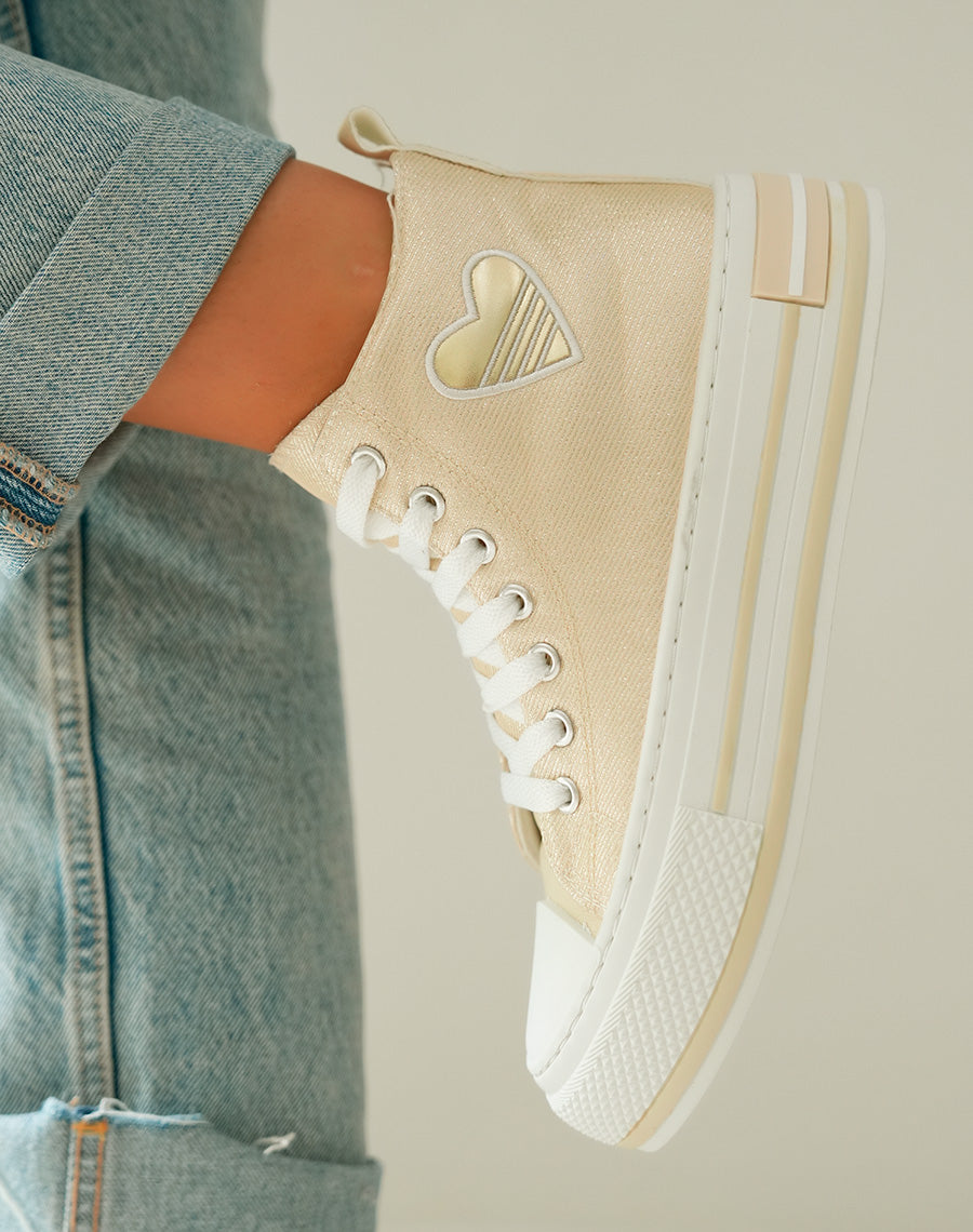 Baskets Montantes Dorées à Paillettes avec Cœur