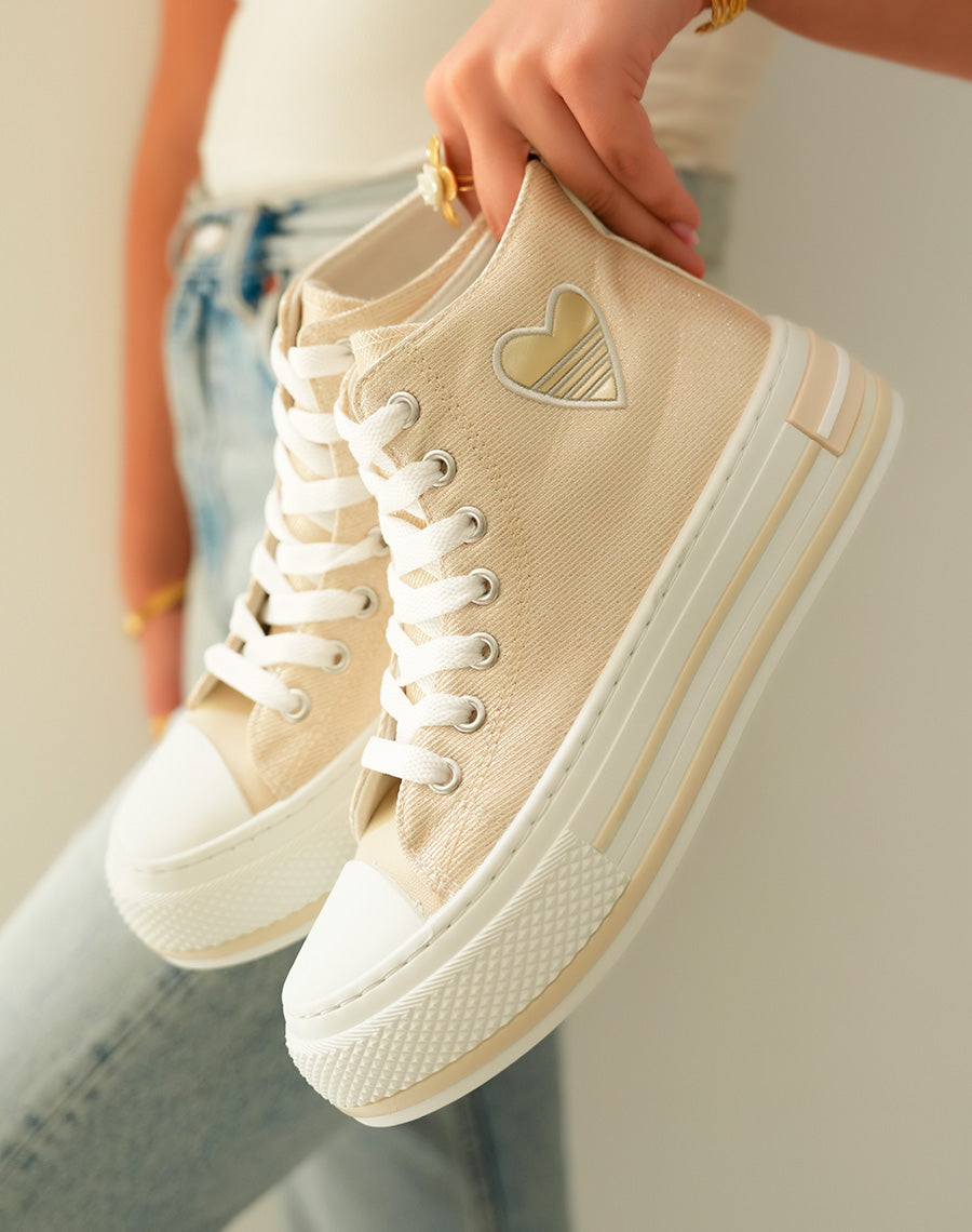 Baskets Montantes Dorées à Paillettes avec Cœur