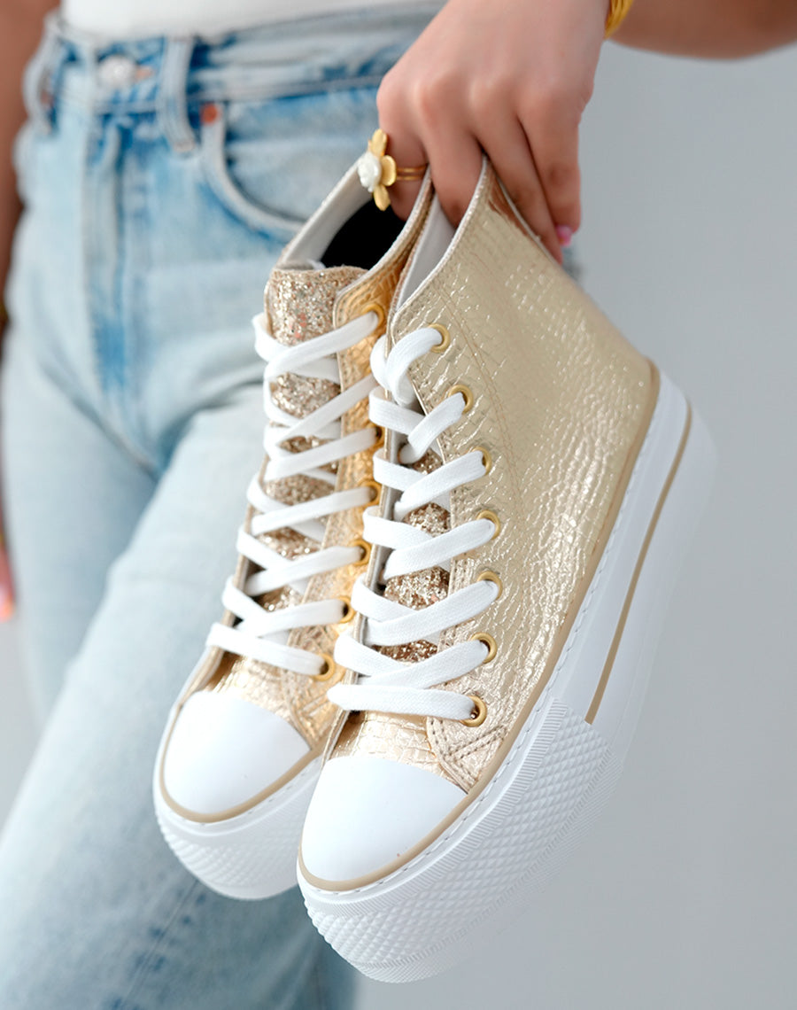 Baskets montantes dorées à semelle épaisse