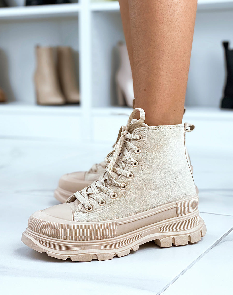 Baskets montantes en suédine beige à semelle XXL
