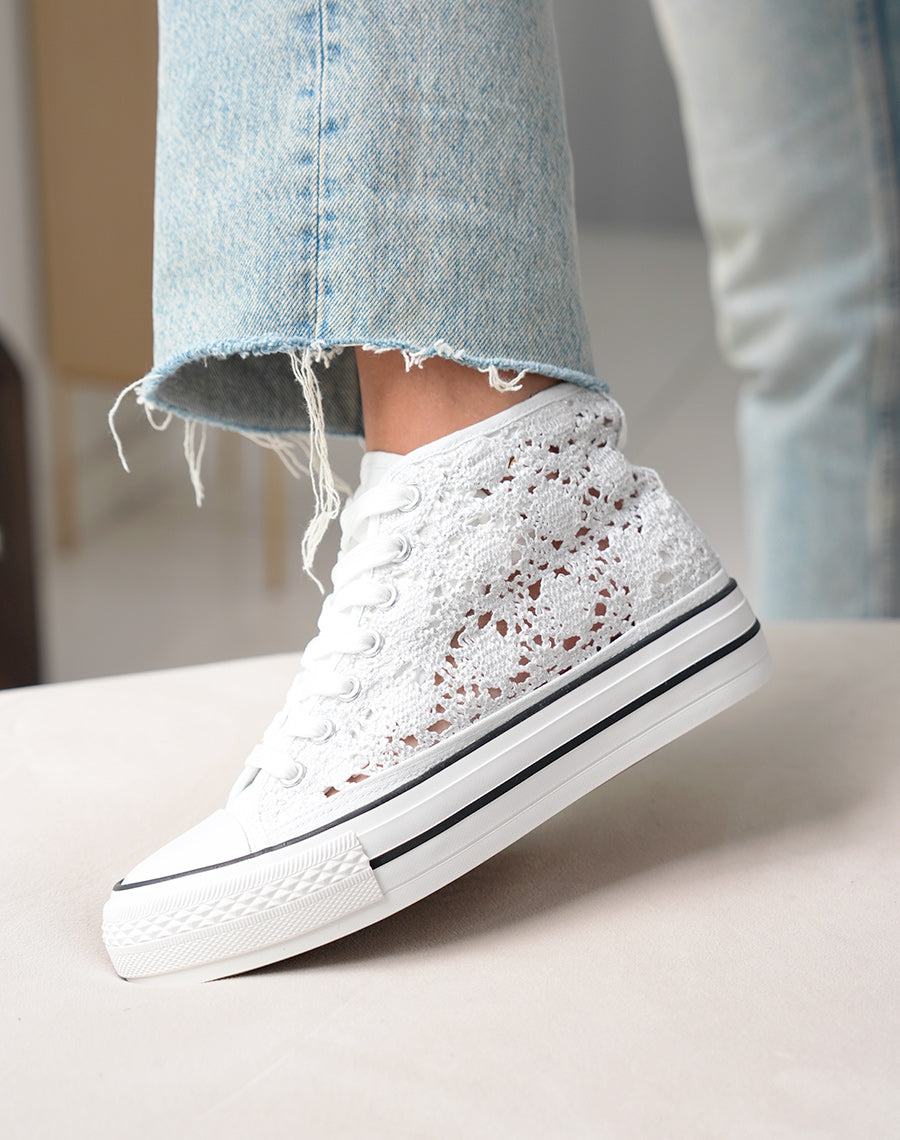 Baskets montantes femme argentées pailletées avec effet crochet et plateforme à liseré noir
