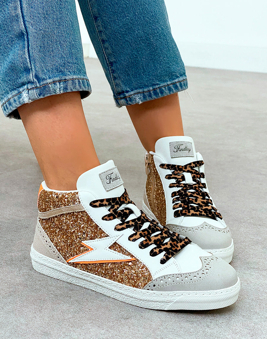 Baskets Montantes Femme Beige Glamour à Paillettes et Lacets Léopard