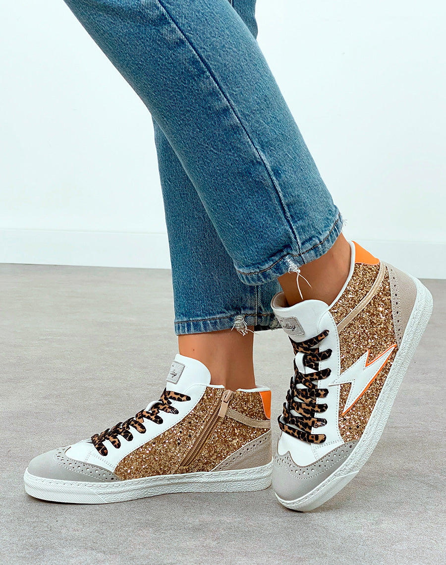 Baskets Montantes Femme Beige Glamour à Paillettes et Lacets Léopard