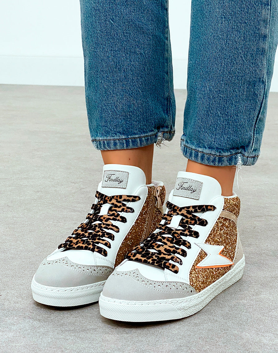 Baskets Montantes Femme Beige Glamour à Paillettes et Lacets Léopard