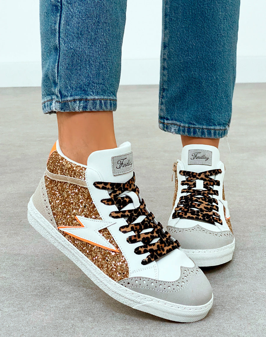 Baskets Montantes Femme Beige Glamour à Paillettes et Lacets Léopard