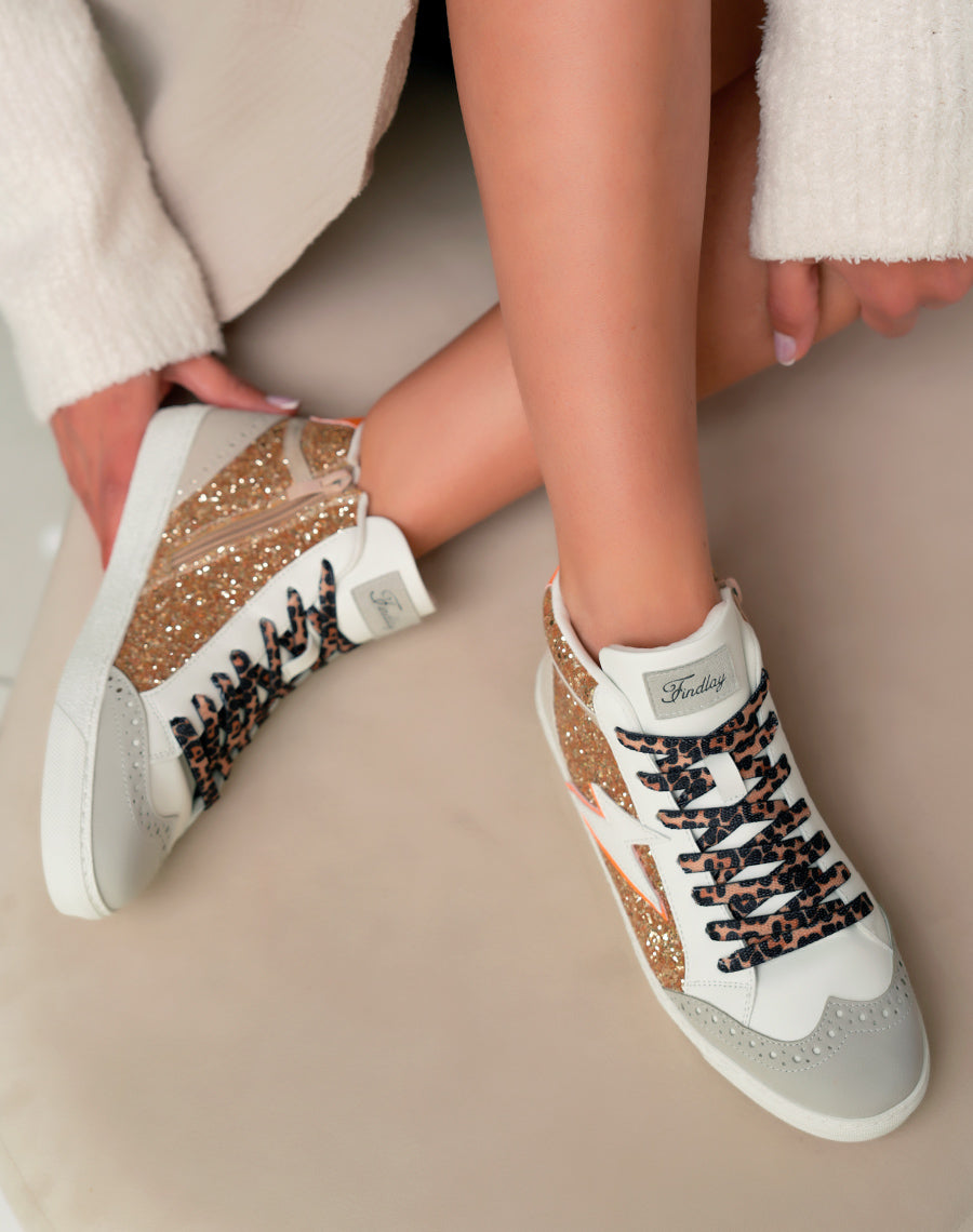 Baskets Montantes Femme Beige Glamour à Paillettes et Lacets Léopard