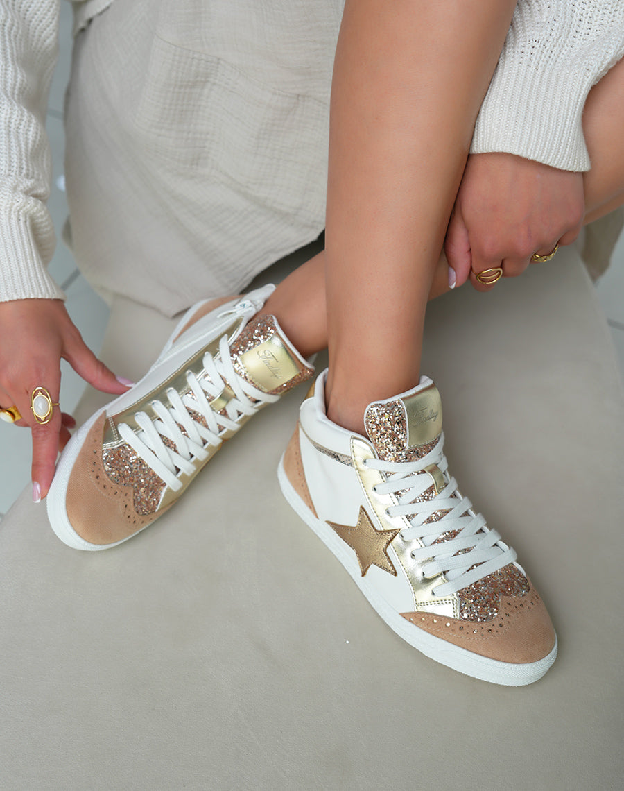 Baskets Montantes Femme Beige Nuancé Tendance avec Paillettes et Étoile Dorée