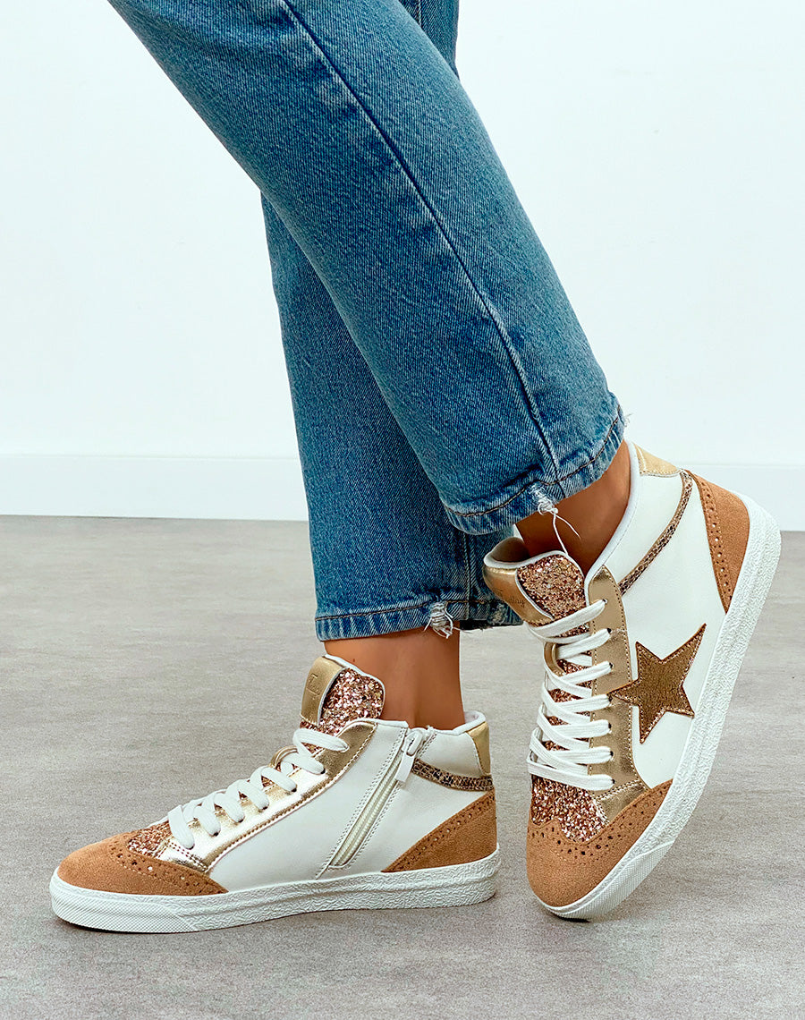Baskets Montantes Femme Beige Nuancé Tendance avec Paillettes et Étoile Dorée