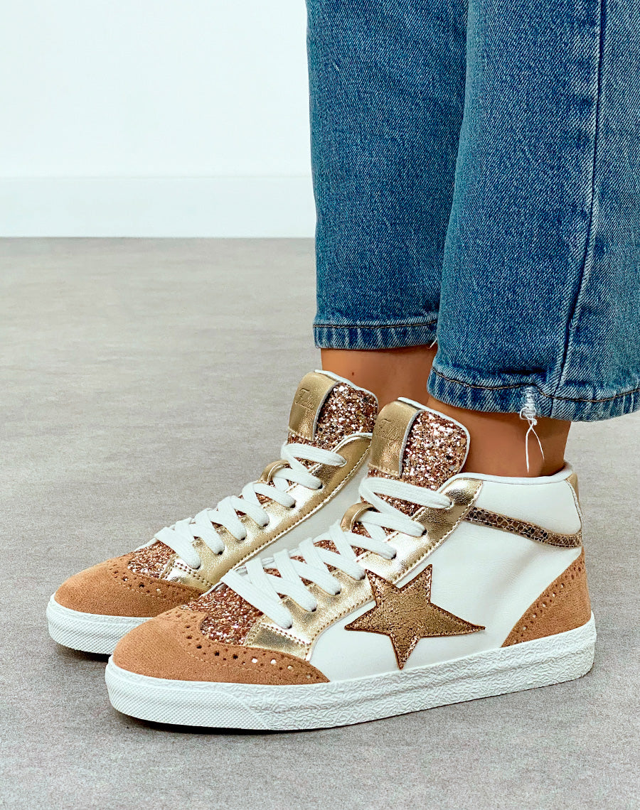 Baskets Montantes Femme Beige Nuancé Tendance avec Paillettes et Étoile Dorée