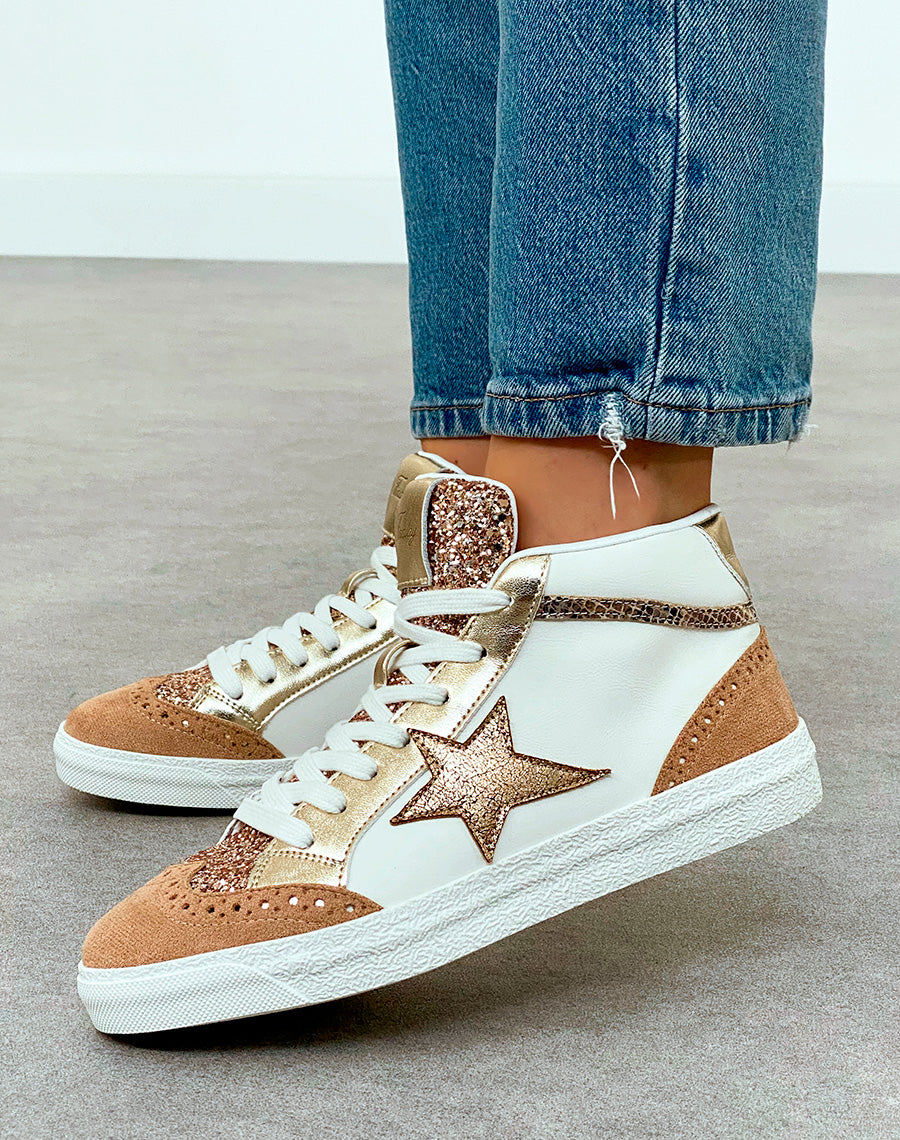 Baskets Montantes Femme Beige Nuancé Tendance avec Paillettes et Étoile Dorée