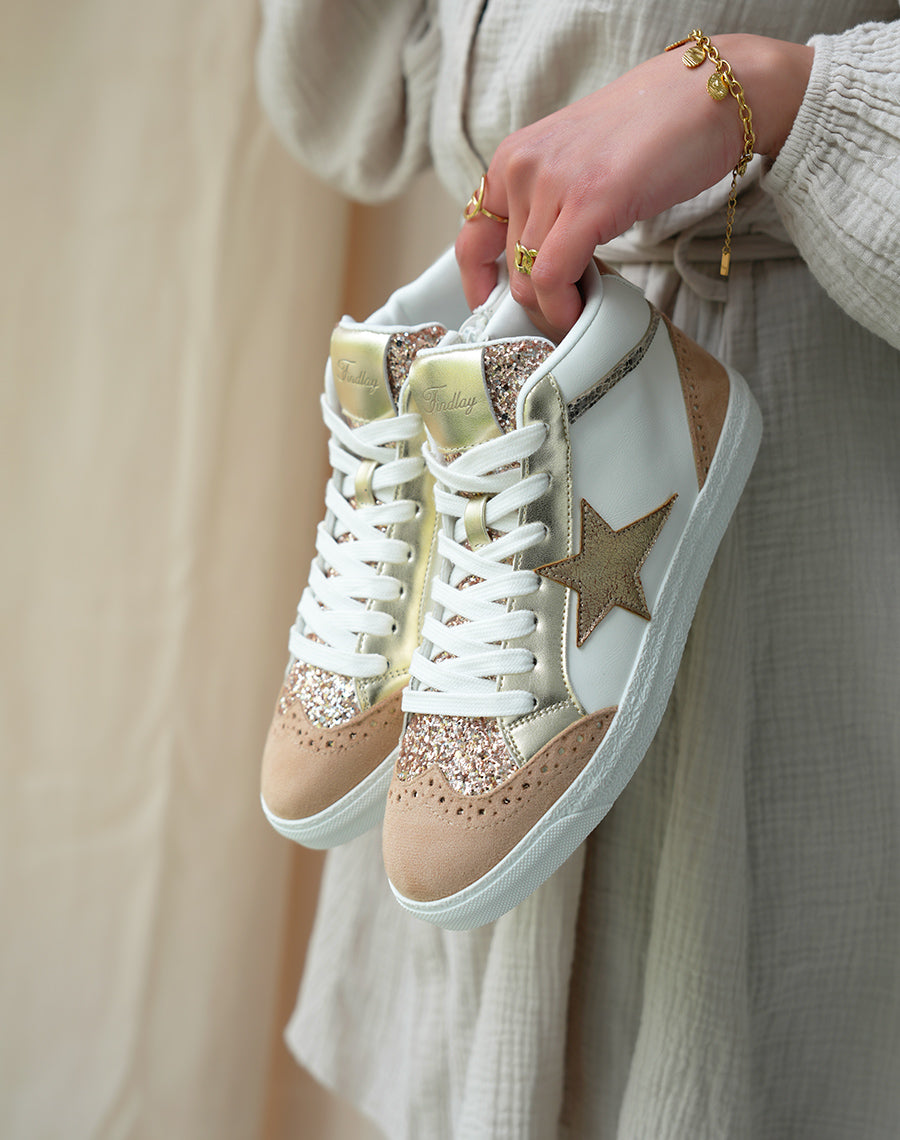 Baskets Montantes Femme Beige Nuancé Tendance avec Paillettes et Étoile Dorée
