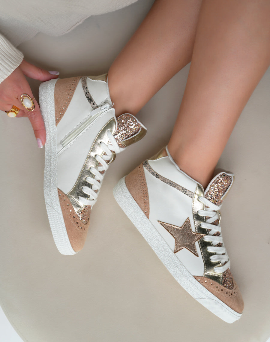 Baskets Montantes Femme Beige Nuancé Tendance avec Paillettes et Étoile Dorée