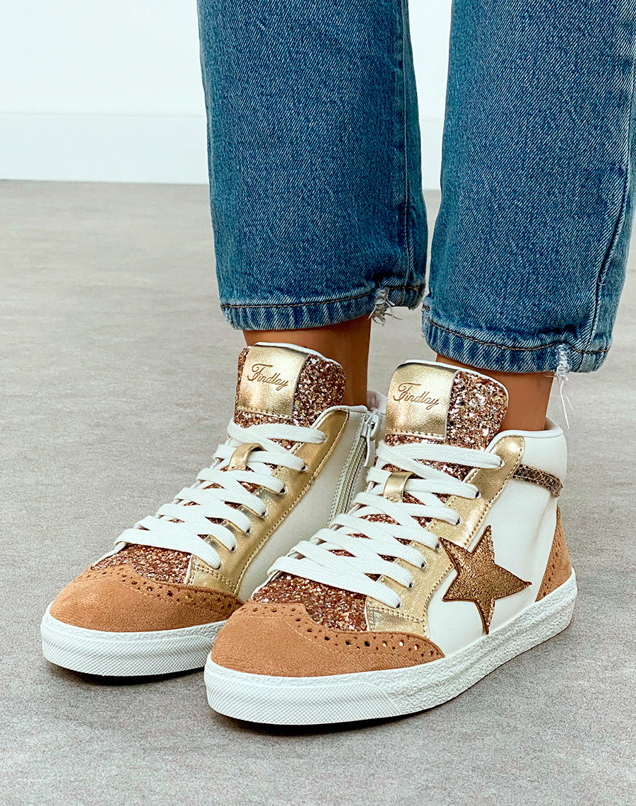 Baskets Montantes Femme Beige Nuancé Tendance avec Paillettes et Étoile Dorée