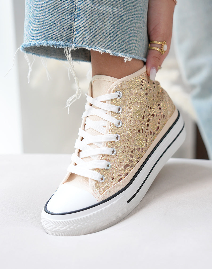 Baskets montantes femme dorées pailletées avec effet crochet et plateforme à liseré noir