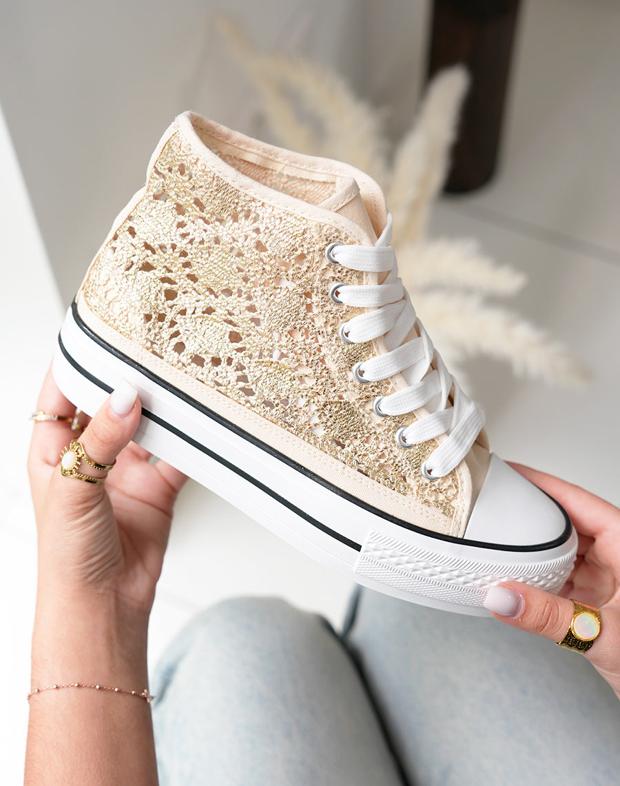 Baskets montantes femme dorées pailletées avec effet crochet et plateforme à liseré noir
