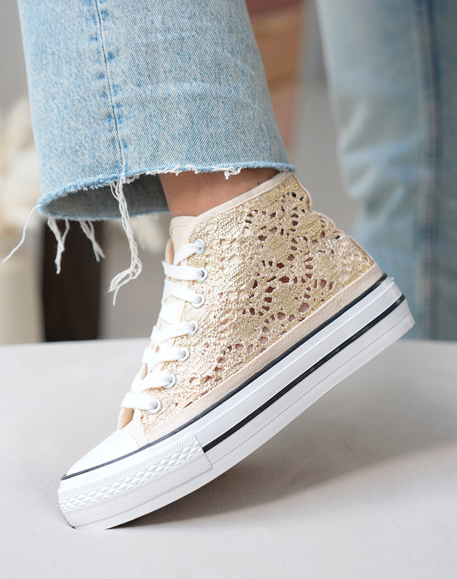 Baskets montantes femme dorées pailletées avec effet crochet et plateforme à liseré noir
