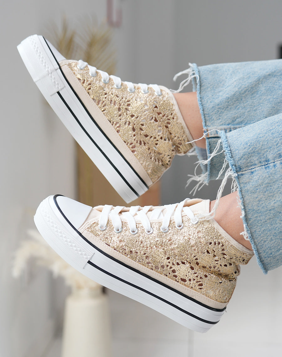 Baskets montantes femme dorées pailletées avec effet crochet et plateforme à liseré noir
