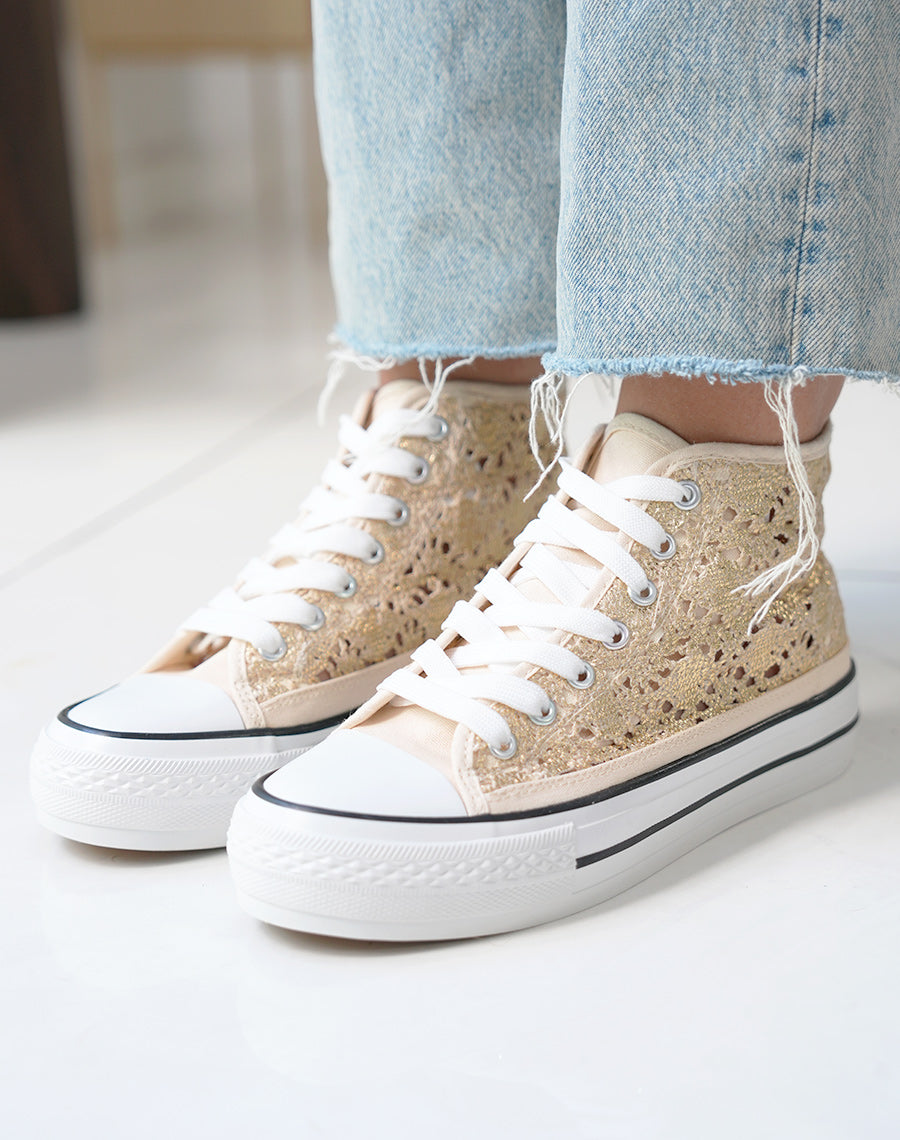 Baskets montantes femme dorées pailletées avec effet crochet et plateforme à liseré noir