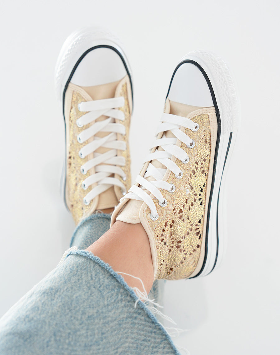 Baskets montantes femme dorées pailletées avec effet crochet et plateforme à liseré noir