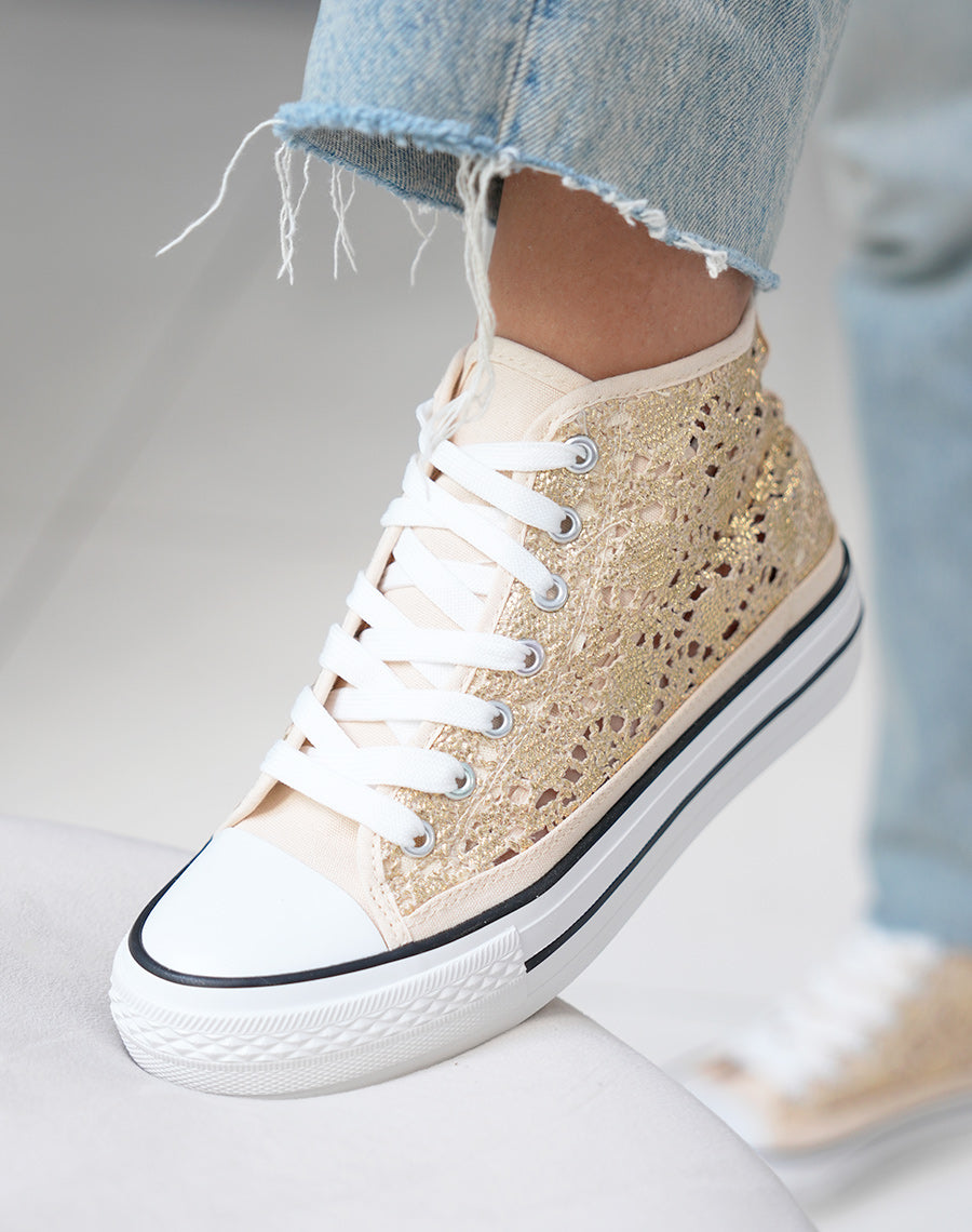 Baskets montantes femme dorées pailletées avec effet crochet et plateforme à liseré noir