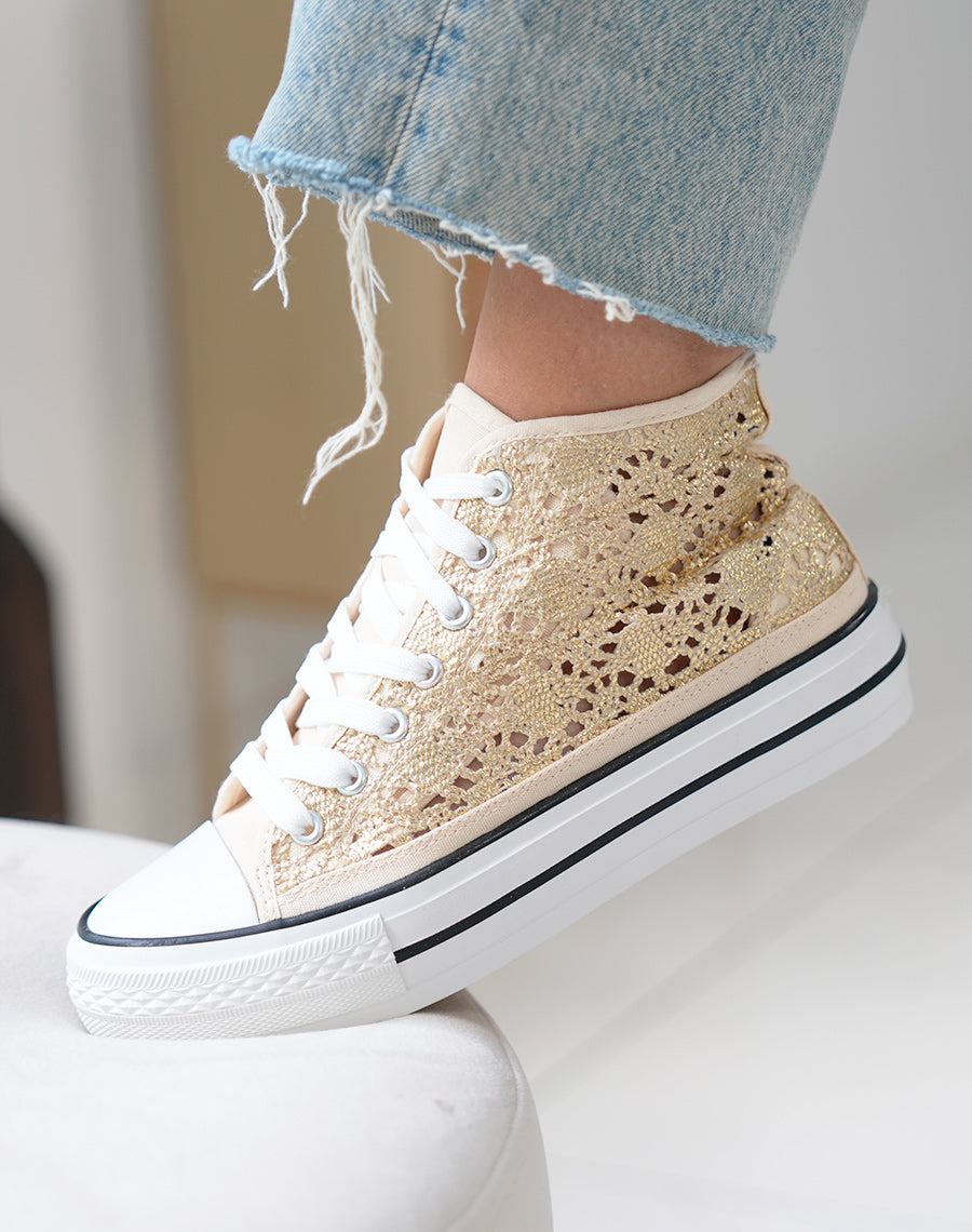 Baskets montantes femme dorées pailletées avec effet crochet et plateforme à liseré noir