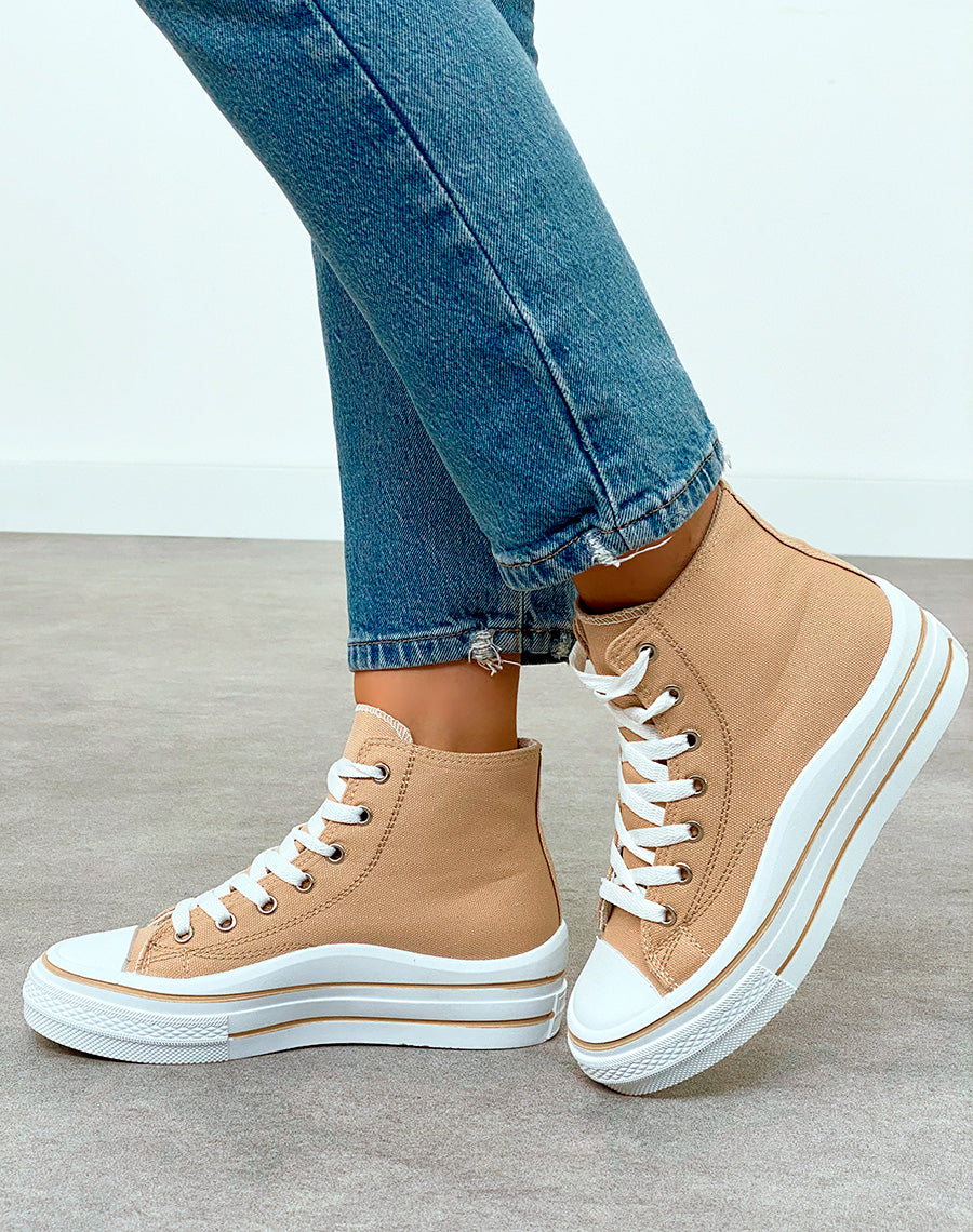 Baskets montantes femme en toile beige avec semelle épaisse