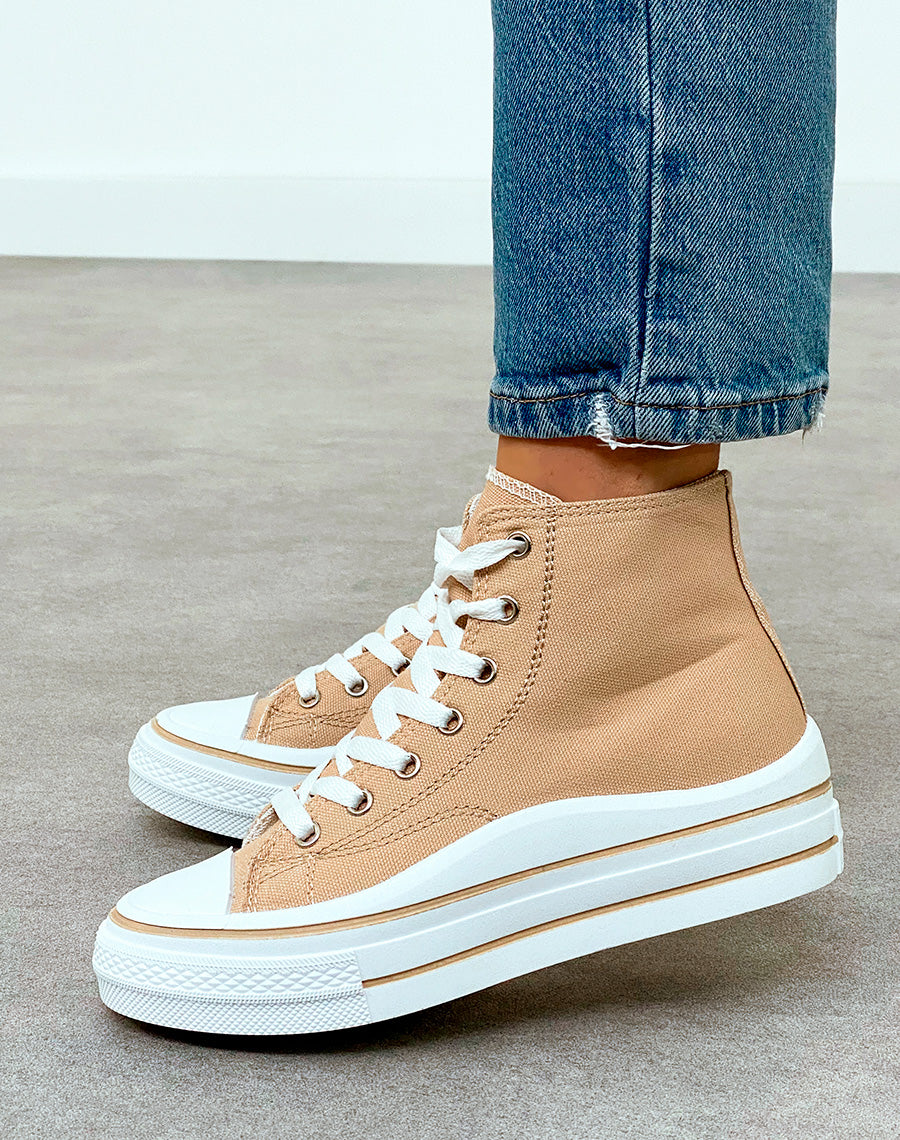 Baskets montantes femme en toile beige avec semelle épaisse
