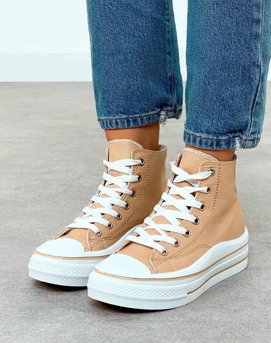 Baskets montantes femme en toile beige avec semelle épaisse