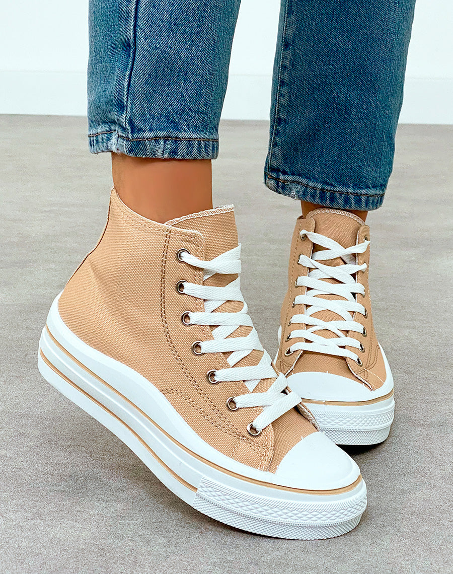 Baskets montantes femme en toile beige avec semelle épaisse