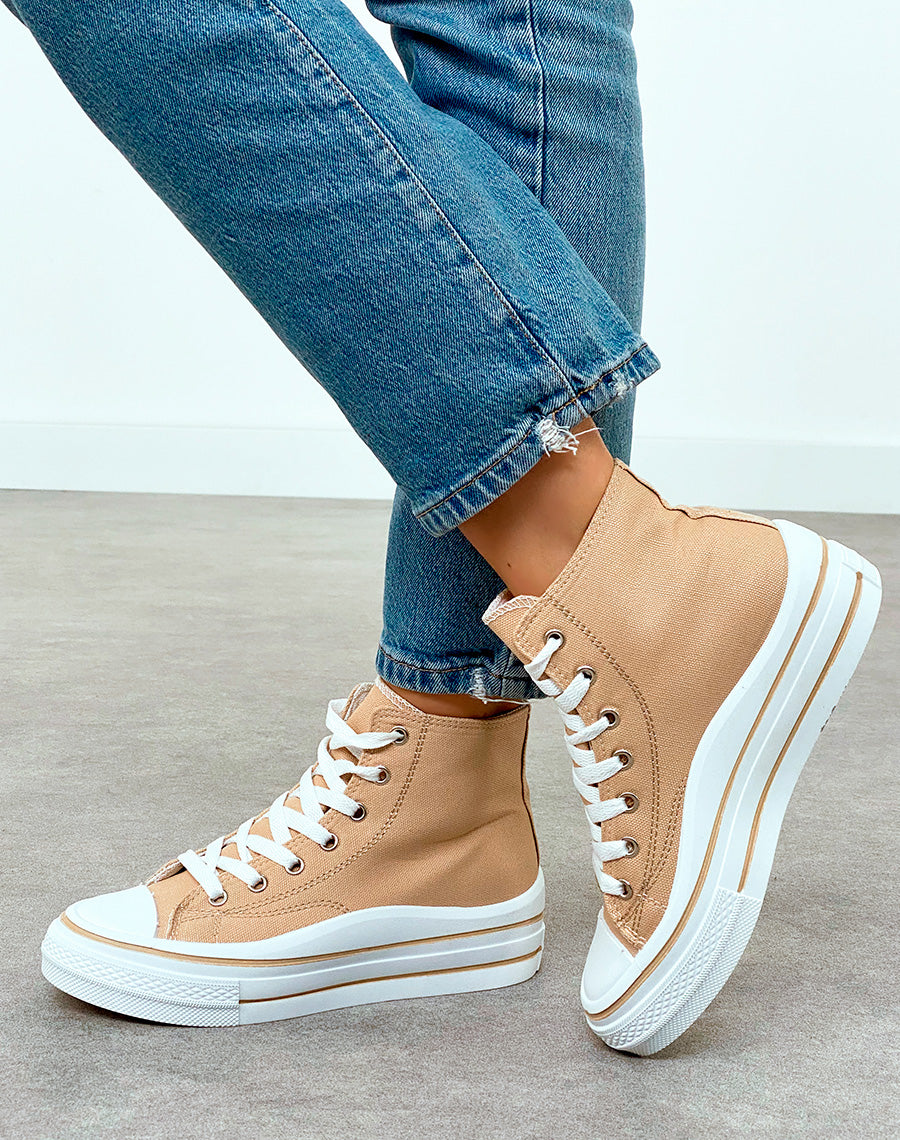 Baskets montantes femme en toile beige avec semelle épaisse