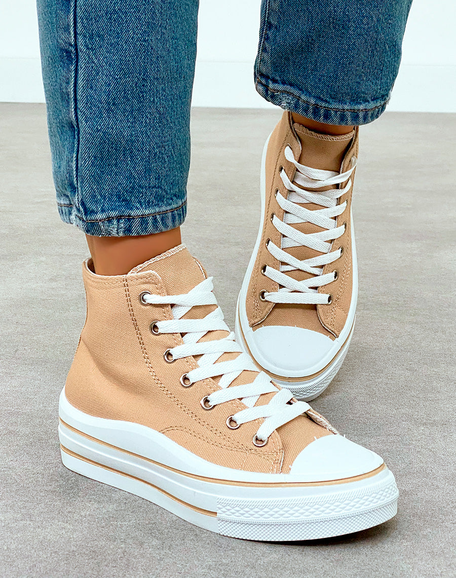 Baskets montantes femme en toile beige avec semelle épaisse