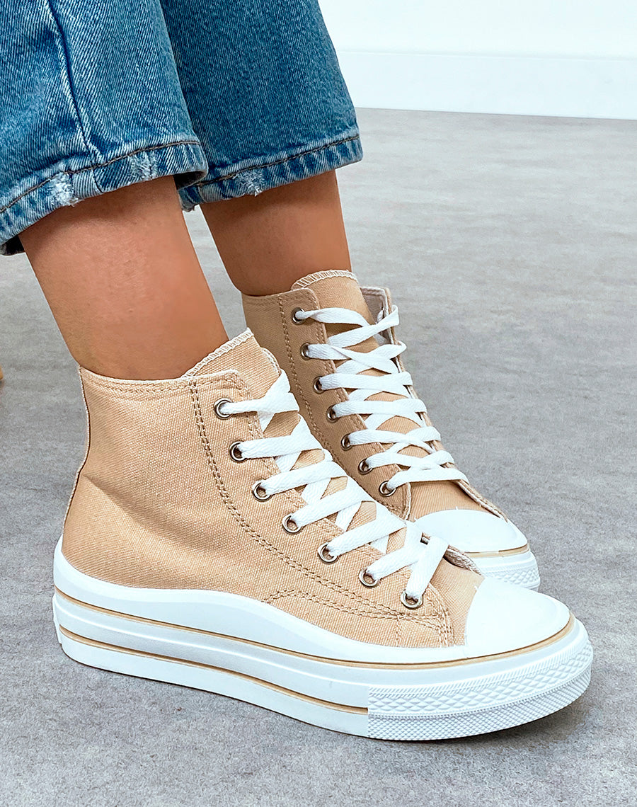 Baskets montantes femme en toile beige avec semelle épaisse