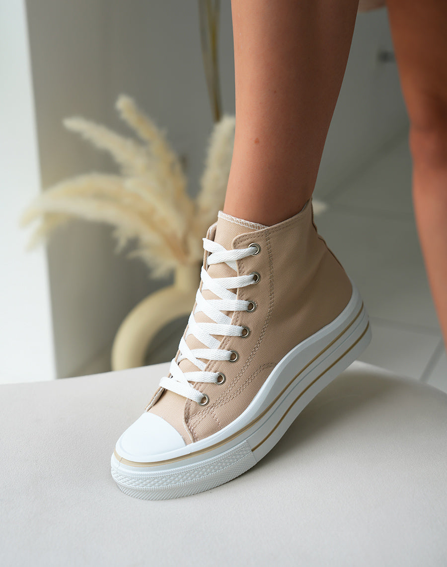 Baskets montantes femme en toile beige avec semelle épaisse