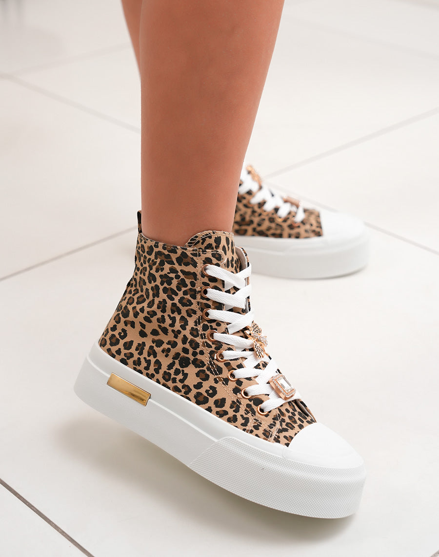 Baskets montantes femme léopard tendance avec plateforme et détails dorés