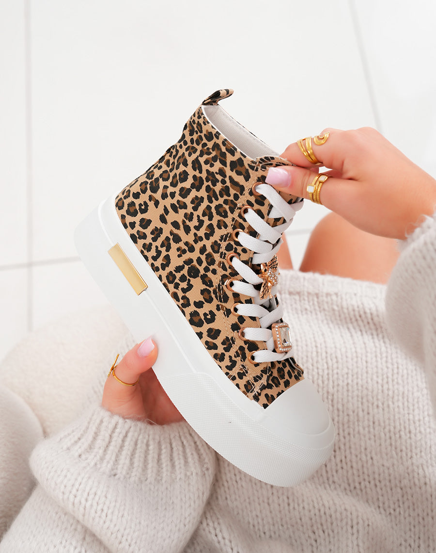 Baskets montantes femme léopard tendance avec plateforme et détails dorés
