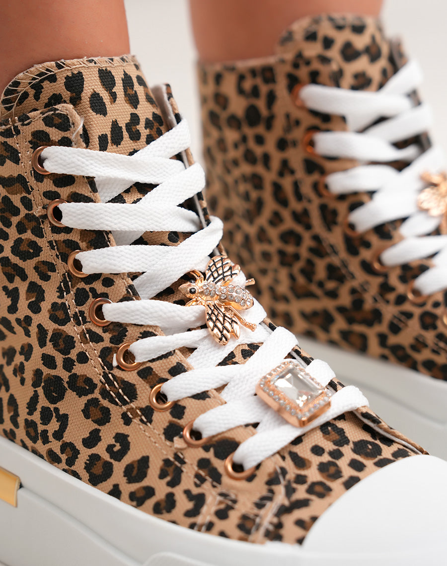 Baskets montantes femme léopard tendance avec plateforme et détails dorés