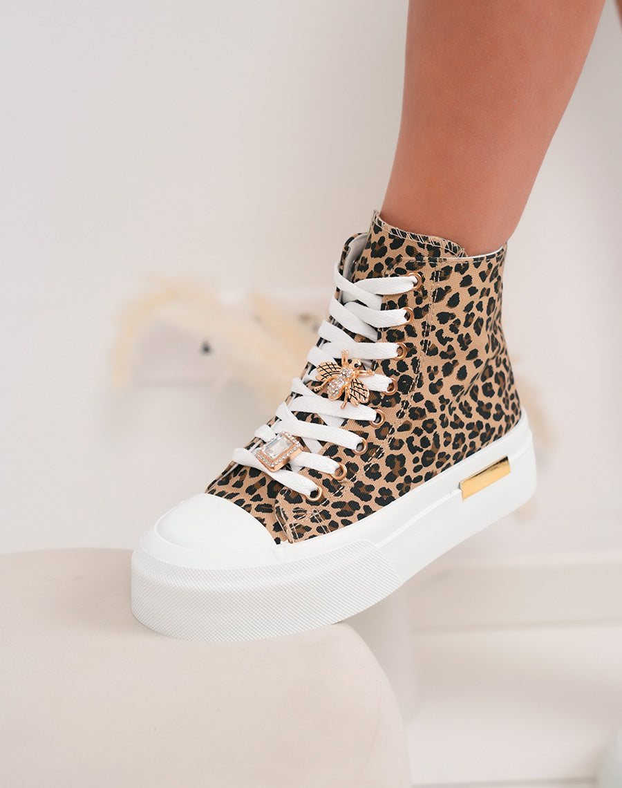 Baskets montantes femme léopard tendance avec plateforme et détails dorés