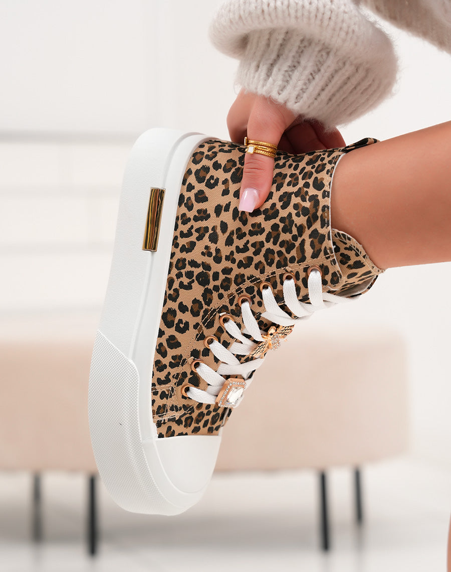 Baskets montantes femme léopard tendance avec plateforme et détails dorés