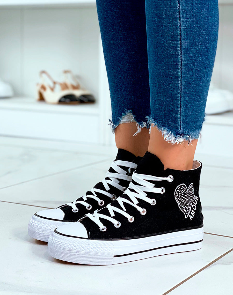 Baskets montantes noires à lacets avec détail strass et inscription