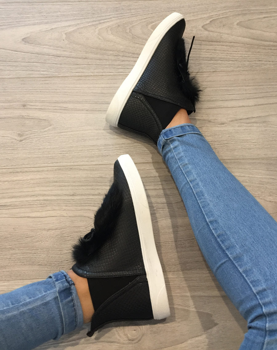 Baskets montantes noires à motifs python et moumoute