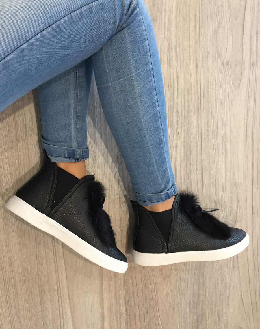 Baskets montantes noires à motifs python et moumoute