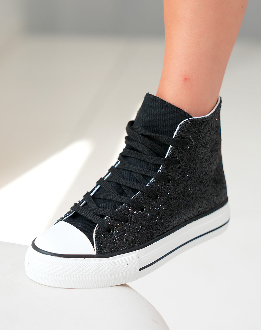 Baskets montantes noires pailletées à lacets noires