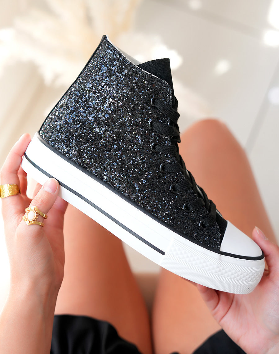 Baskets montantes noires pailletées à lacets noires