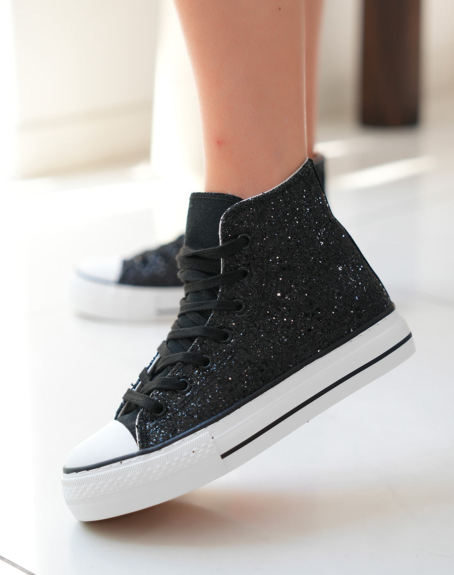 Baskets montantes noires pailletées à lacets noires