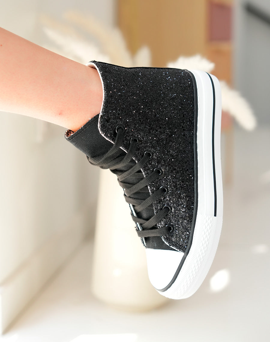Baskets montantes noires pailletées à lacets noires