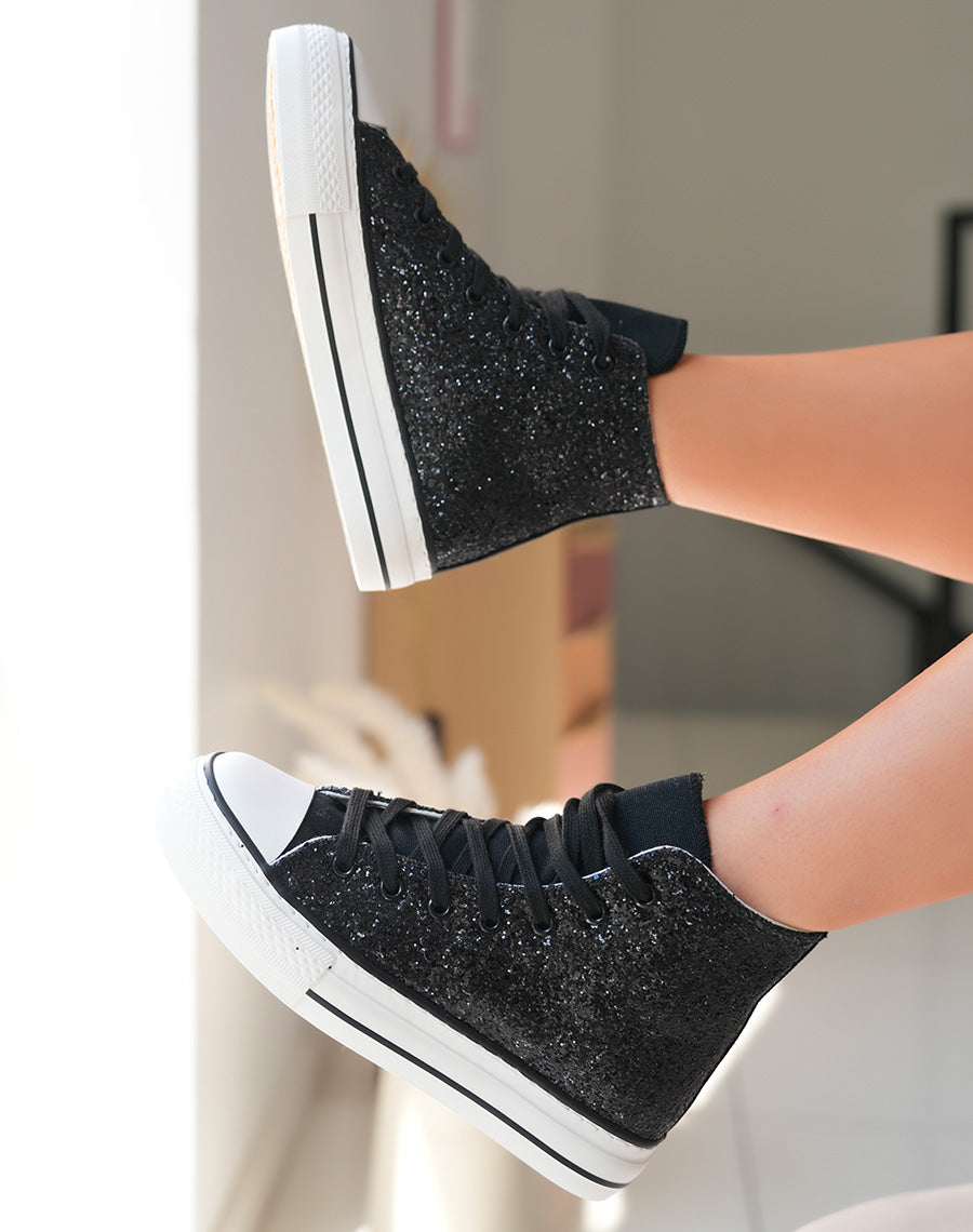Baskets montantes noires pailletées à lacets noires