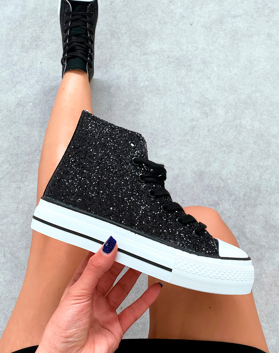 Baskets montantes noires pailletées à lacets noires
