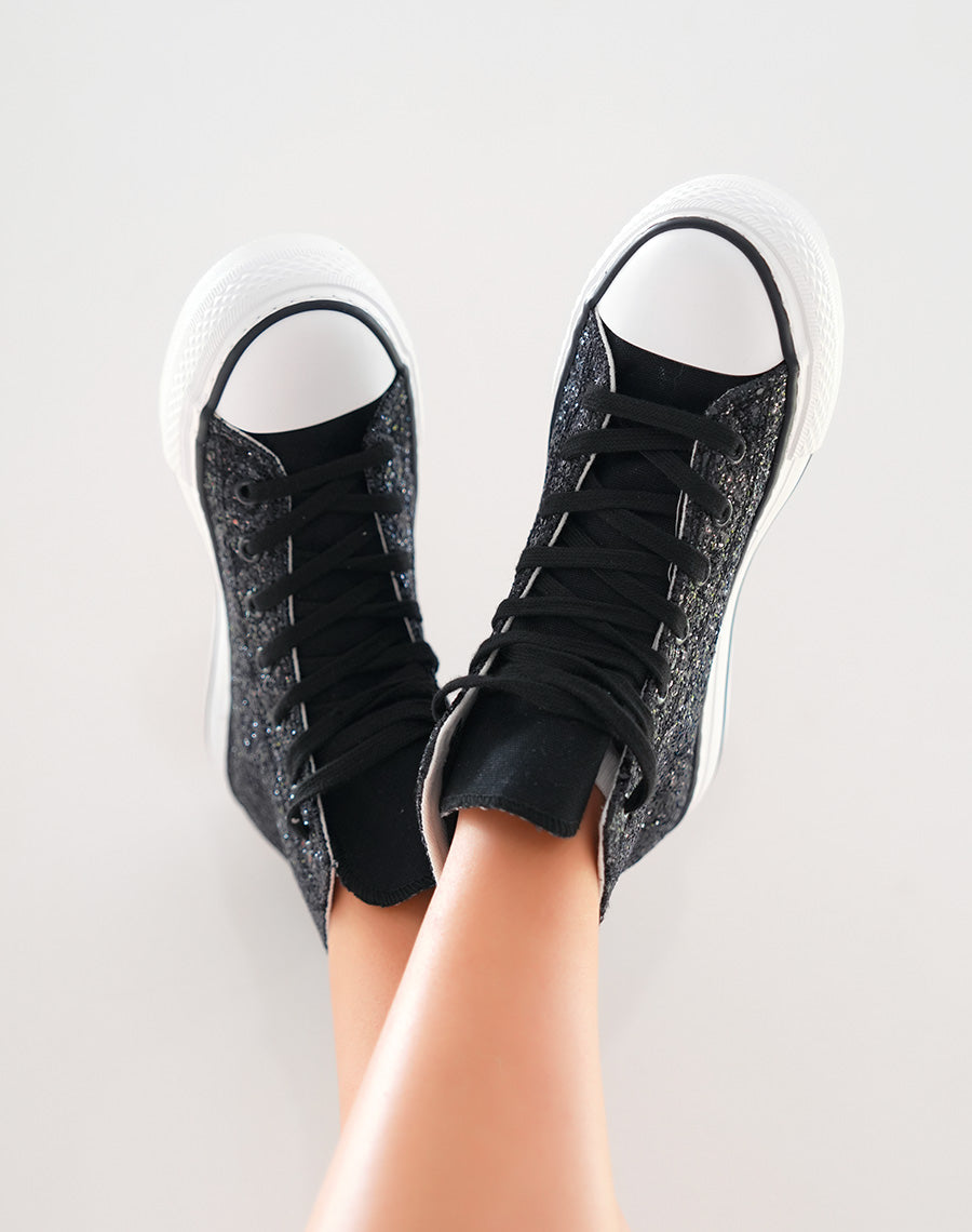 Baskets montantes noires pailletées à lacets noires